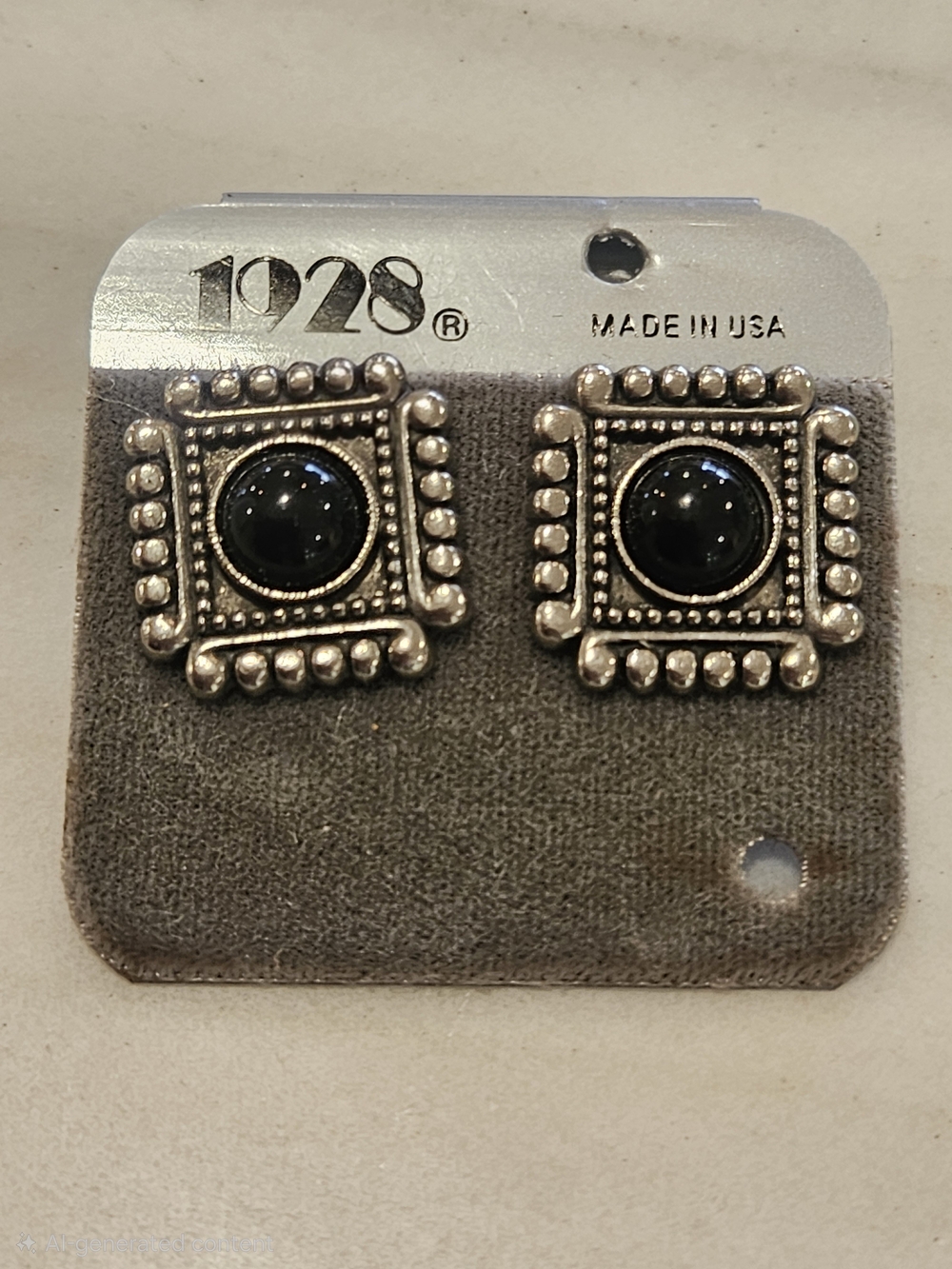Vintage 1928 Jewelry Antiqued Silver Tone Square Button Earrings Black Cabochon